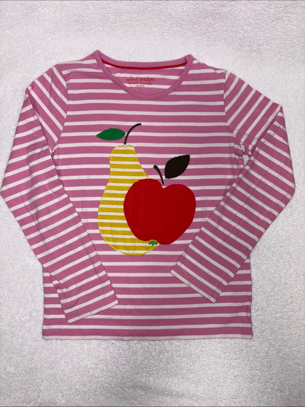 Mini Boden Pink & White Stripe Top with Red Apple and Yellow Pear Appliqué 9/10